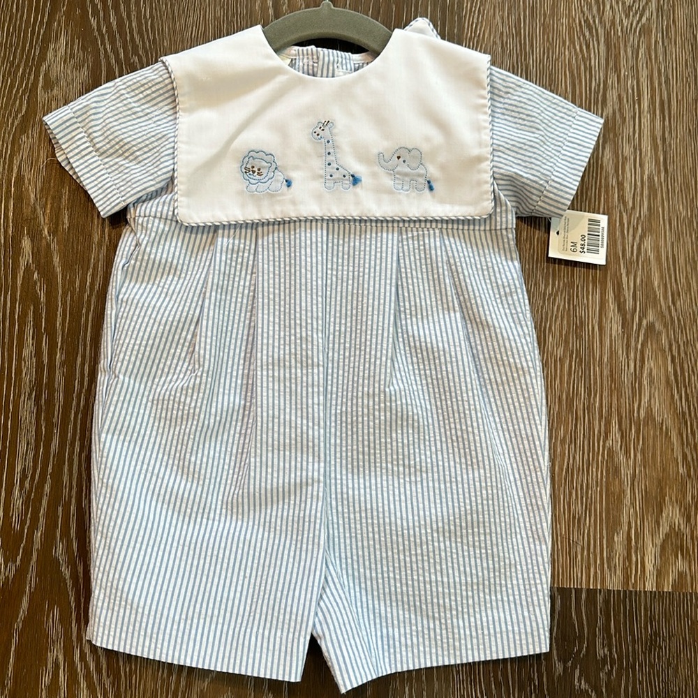 Collection Bebe zoo babies blue seersucker short sleeve romper NWT 6M